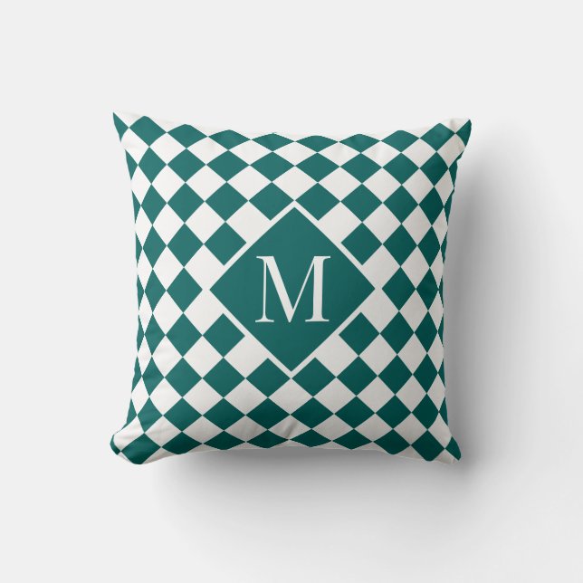 Chic Monogram Teal White Chequered Pattern Cushion (Front)