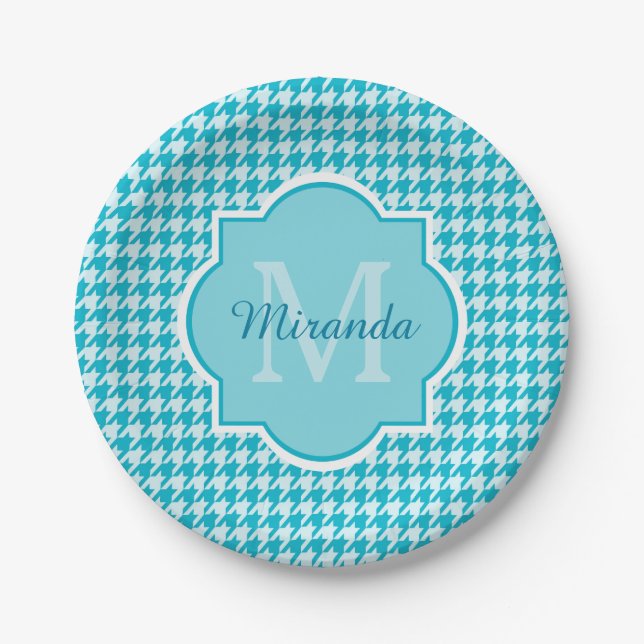Chic Monogram Turquoise Houndstooth With Name Paper Plate (Front)