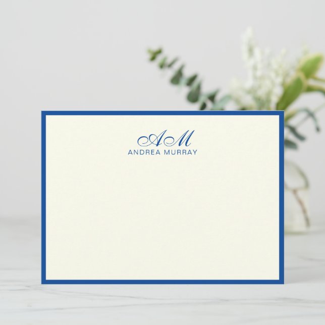 Chic Monogram Two Border Navy Blue Ivory Card (Standing Front)