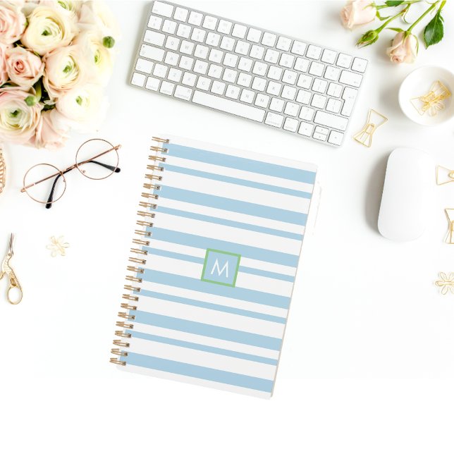 Chic Monogram Vintage White and Blue Stripes Planner (Creator Uploaded)