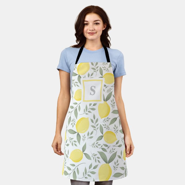 Chic Monogram Watercolor Lemon Foliage Apron (Worn)