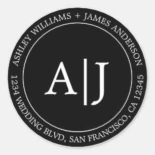 Chic Monogram Wedding Return Address Black Classic Round Sticker