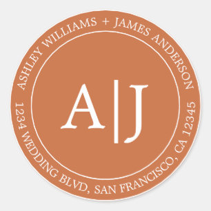 Chic Monogram Wedding Return Address Burnt Orange Classic Round Sticker
