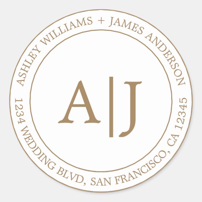 Chic Monogram Wedding Return Address Gold Classic Round Sticker (Front)