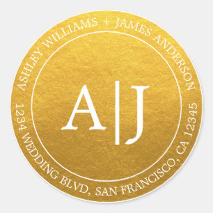 Chic Monogram Wedding Return Address Gold Classic  Round Sticker