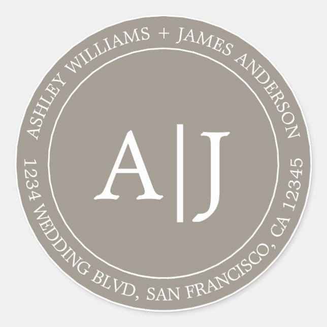 Chic Monogram Wedding Return Address Grey Classic Round Sticker (Front)