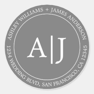 Chic Monogram Wedding Return Address Grey Classic Round Sticker