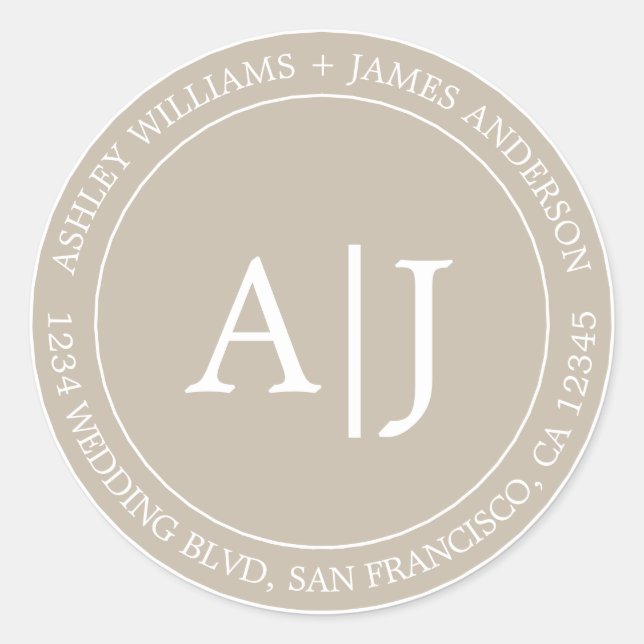 Chic Monogram Wedding Return Address Grey Classic Round Sticker (Front)