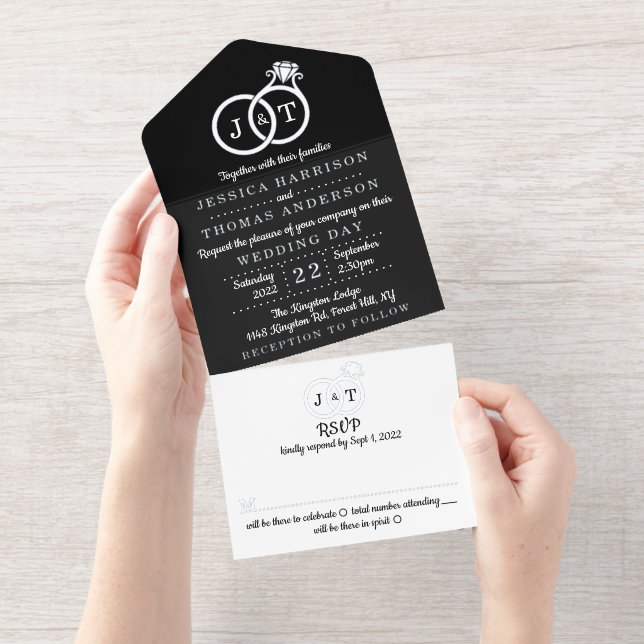 Chic Monogram Wedding Rings Real Foil Pressed All In One Invitation (Tearaway)