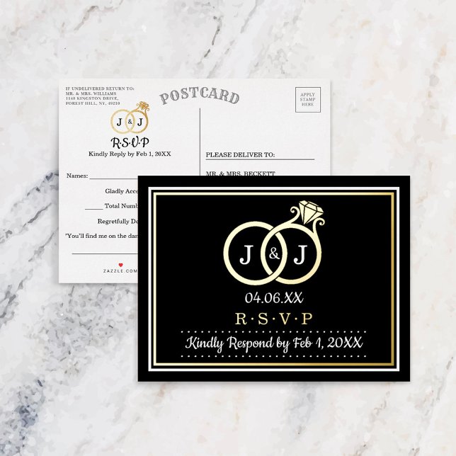 Chic Monogram Wedding Rings RSVP Real Foil Invitation Postcard (Creator Uploaded)