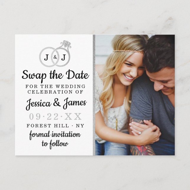 Chic Monogram Wedding Rings Save Or Swap The Date Announcement Postcard (Front)