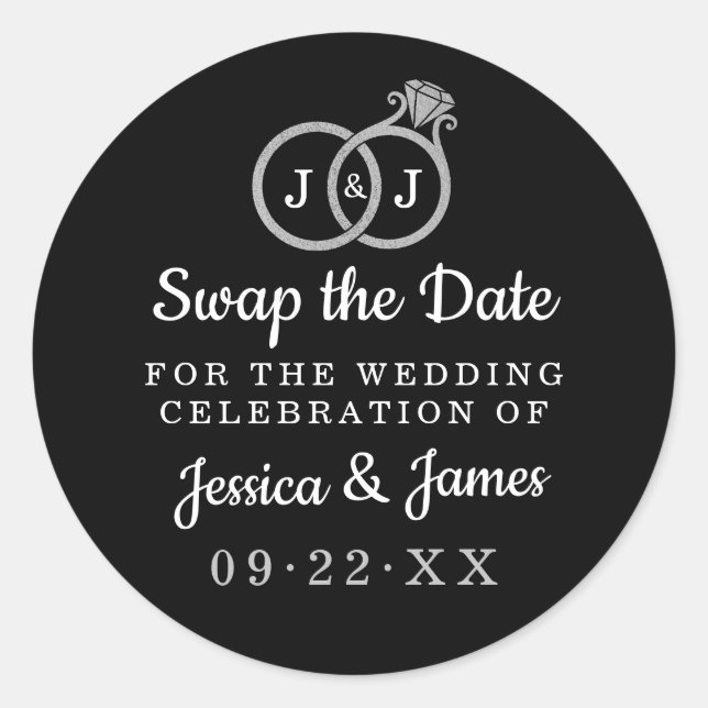 Chic Monogram Wedding Rings Save Or Swap The Date Classic Round Sticker (Front)