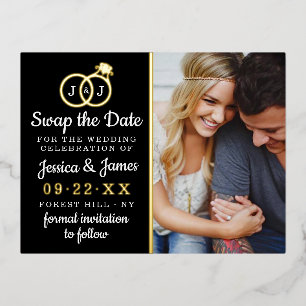 Chic Monogram Wedding Rings Save Or Swap The Date Foil Invitation Postcard