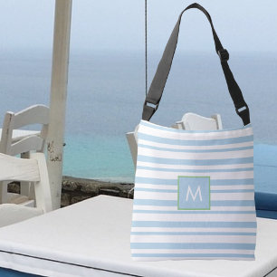 Chic Monogram White and Light Blue Stripes Crossbody Bag