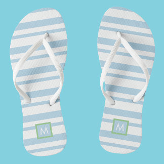 Chic Monogram White andLight Blue Stripes Flip Flops