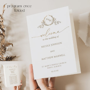 Chic Monogram White Gold Wedding Foldable Program
