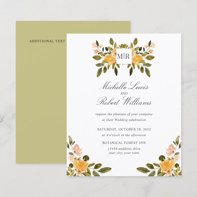Chic Monogram Yellow Green floral Wedding (Front/Back)