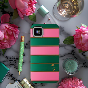 Chic Monogrammed Bold Pink & Green, Gold Striped  iPhone 15 Mini Case