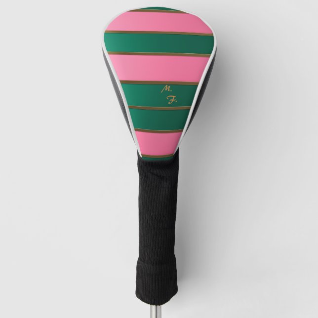 Chic Monogrammed Bold Pink & Green, Gold Striped  Golf Head Cover (Front)