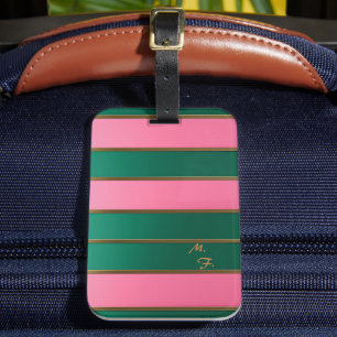 Chic Monogrammed Bold Pink & Green, Gold Striped  Luggage Tag