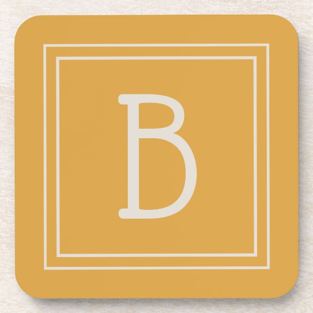 Chic Monogrammed Golden Yellow & Off White Initial Coaster (Front)