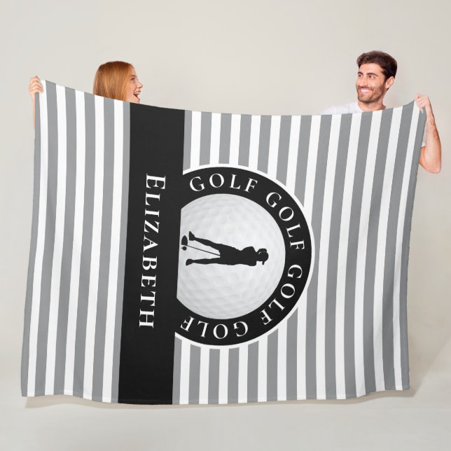 Chic Monogrammed Golfer Grey Black Stripes For Her Fleece Blanket (In Situ)