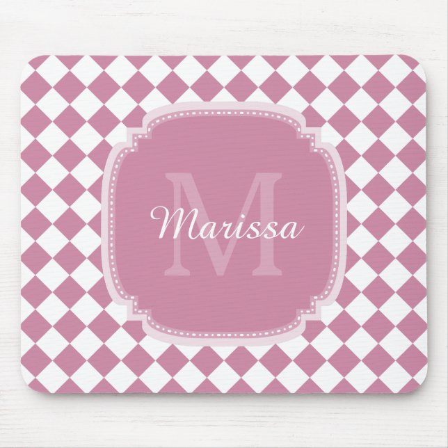 Chic Monogrammed Name Rose Pink Checked Mouse Mat (Front)