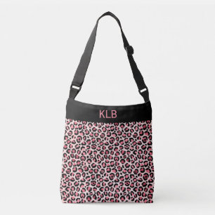 Chic Monogrammed Pink and Black Leopard Print Crossbody Bag
