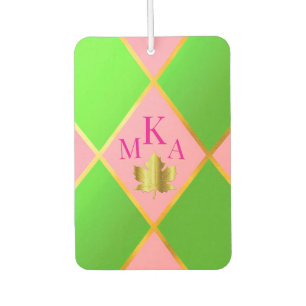 Chic Monogrammed Pink and Green Argyle Car Air Freshener