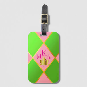 Chic Monogrammed Pink and Green Argyle Luggage Tag