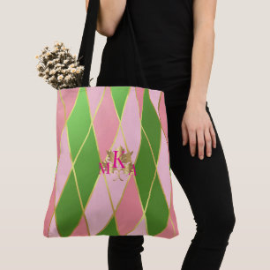 Chic Monogrammed Pink and Green Argyle Tote Bag
