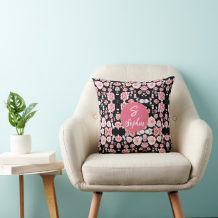 chic Monogrammed Pink Flowers pattern on black Cushion