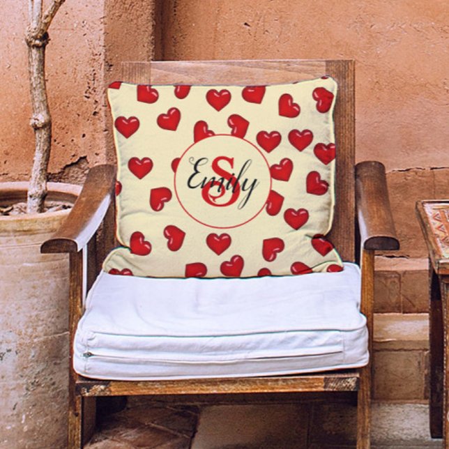Chic monogrammed red hearts on yellow cushion (Creator Uploaded)