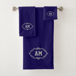 Chic Monogrammed Simple Minimalist Navy Blue Bath Towel Set