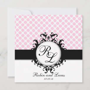 Chic Monograms Wedding Invite Pink Polka Dots