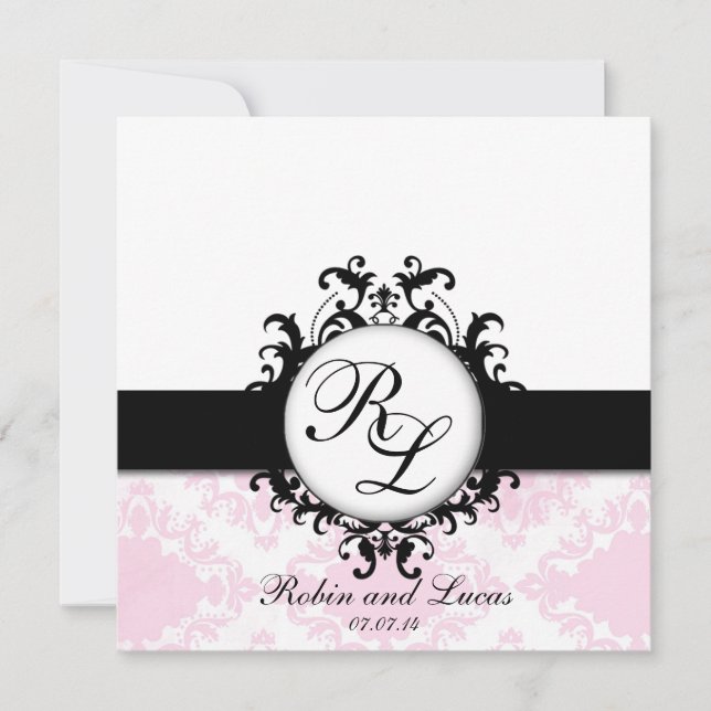 Chic Monograms Wedding Invite White Pink Damask (Front)