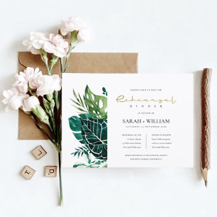 Chic Monstera Green Fauna Rehearsal Dinner Invite