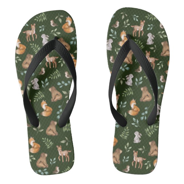 Chic Moody Green Woodland Forest Animals Bear Deer Flip Flops (Footbed)