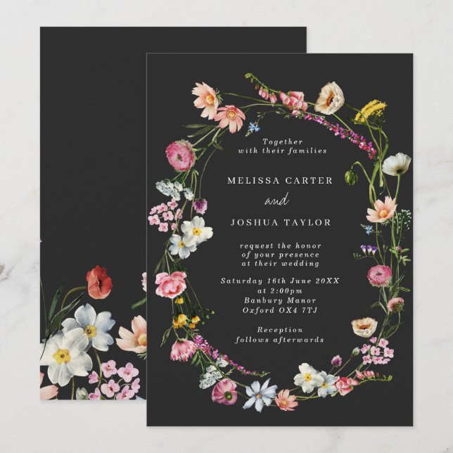 Chic Moody Wild Flowers Wreath Wedding Invitation (Front/Back)