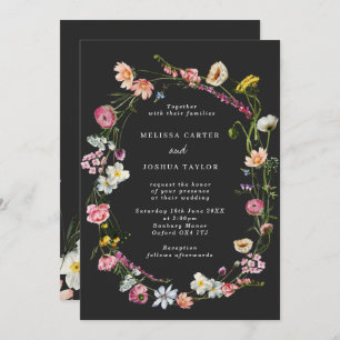 Chic Moody Wild Flowers Wreath Wedding Invitation
