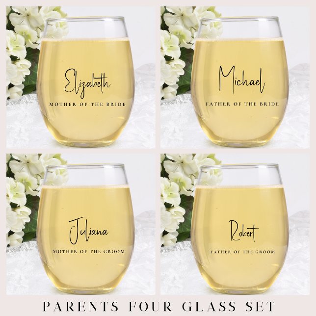Chic Mother Father Bride Groom Wedding Stemless Wine Glass (Creator Uploaded)
