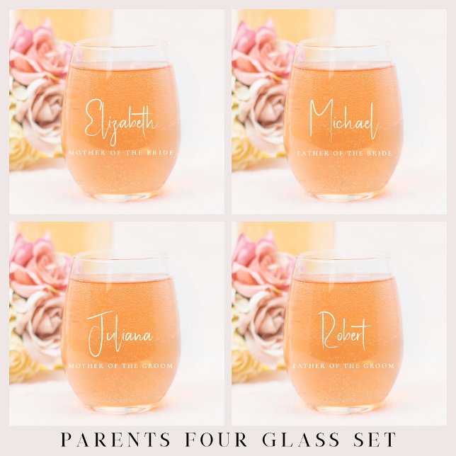 Chic Mother Father Personalised Wedding Stemless Wine Glass (Creator Uploaded)