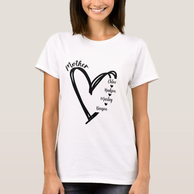 Chic Mothers Day Heart With 4 Children's Names  T-Shirt (Front)
