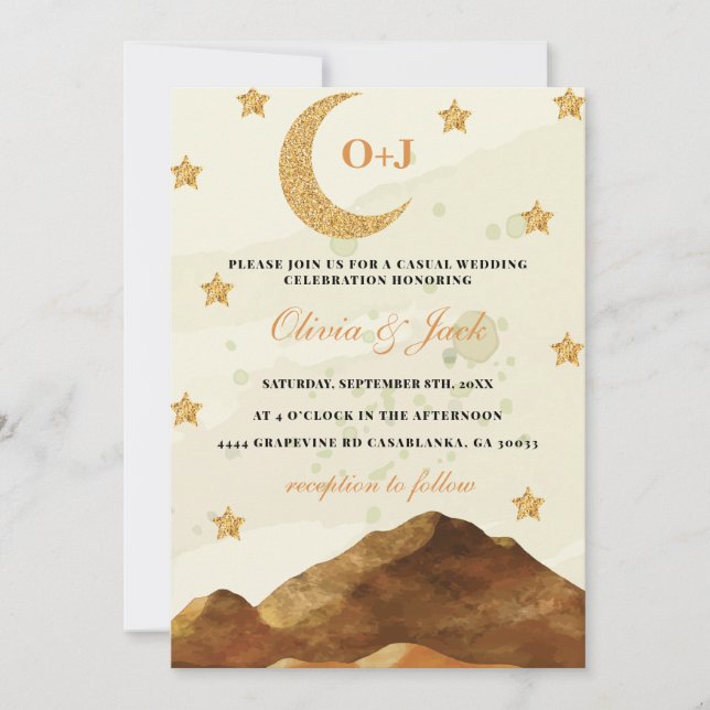 Chic Mountain moon watercolor gold elegant Wedding Invitation (Front)