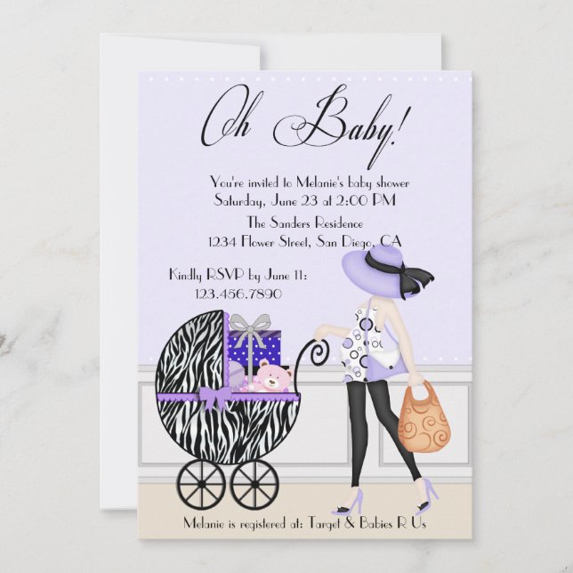 Chic Mum and Buggy with Gifts Invitation (Front)