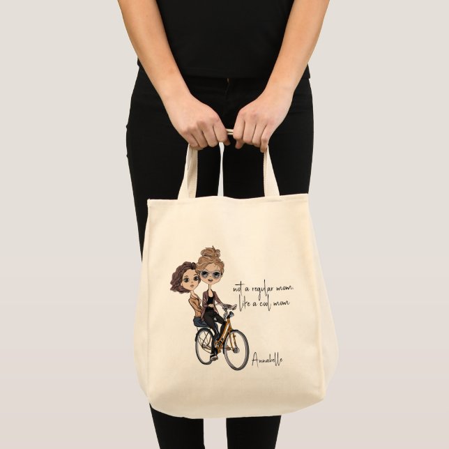 Chic Mum/Daughter on Bicycle Drawing ‘Cool Mum’  Tote Bag (Front (Product))