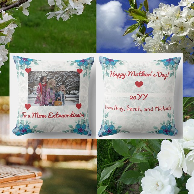 Chic Mum Extraordinaire Photo Heart Script Modern Cushion (To a Mom Extraordinaire on Mother's Day, an elegant, modern personalized floral photo pillow)