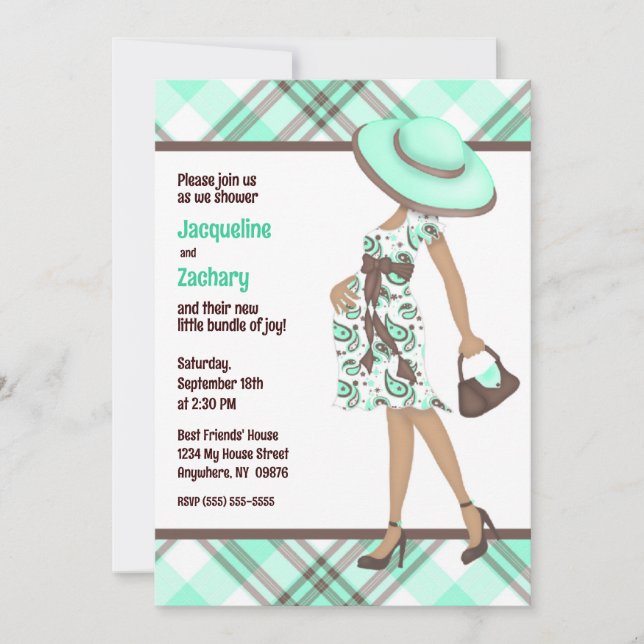 Chic Mum-to-Be (dark skin) Green Plaid Baby Shower Invitation (Front)