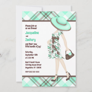 Chic Mum-to-Be Teal Green Brown Plaid Baby Shower Invitation