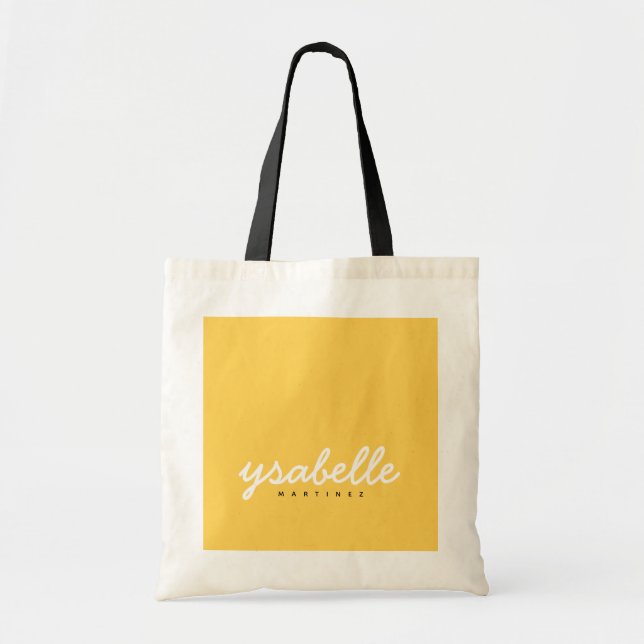 Chic Mustard Yellow Simple Bold Script Name Tote Bag (Front)